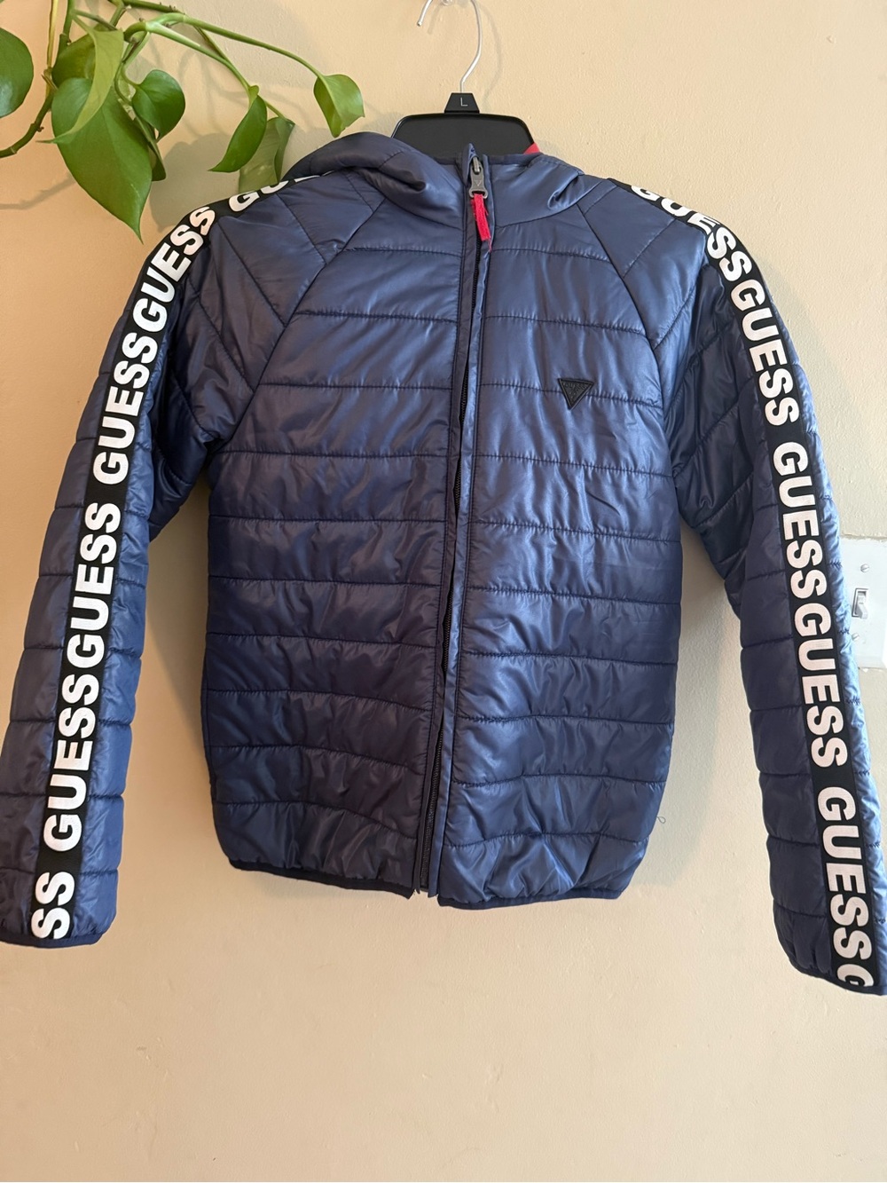 Guess Kids Navy Hooded Puffer Jacket with Logo Sleeve Tape